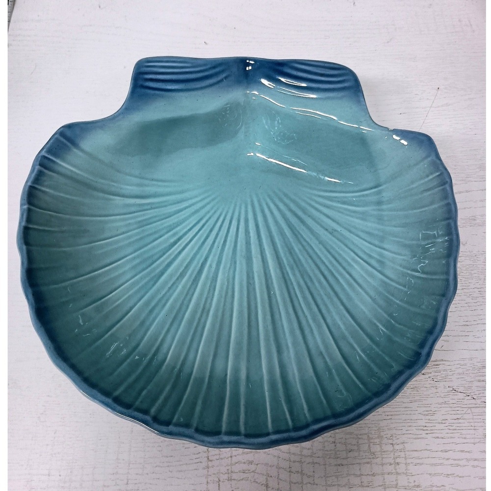 VTG Olfaire Scallop Shell Serving Bowl Large Blue Coastal Ceramic Portugal 11"